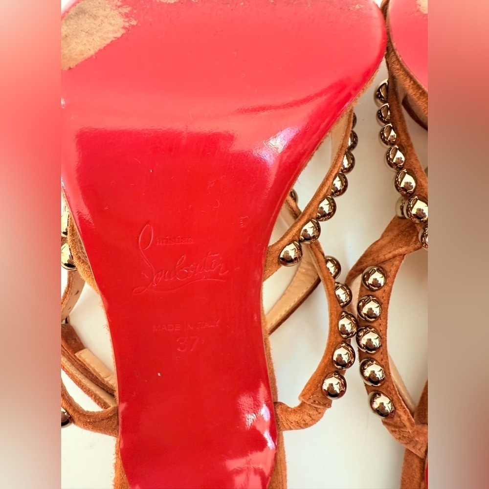 Christian Louboutin Galeria 100mm Cognac Suede studded Heels Sandals EU 37 - Picture 13 of 14